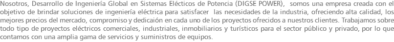 Nosotros, Desarrollo de Ingeniería Global en Sistemas Elécticos de Potencia (DIGSE POWER), somos una empresa creada con el objetivo de brindar soluciones de ingeniería eléctrica para satisfacer las necesidades de la industria, ofreciendo alta calidad, los mejores precios del mercado, compromiso y dedicaión en cada uno de los proyectos ofrecidos a nuestros clientes. Trabajamos sobre todo tipo de proyectos eléctricos comerciales, industriales, inmobiliarios y turísticos para el sector público y privado, por lo que contamos con una amplia gama de servicios y suministros de equipos.